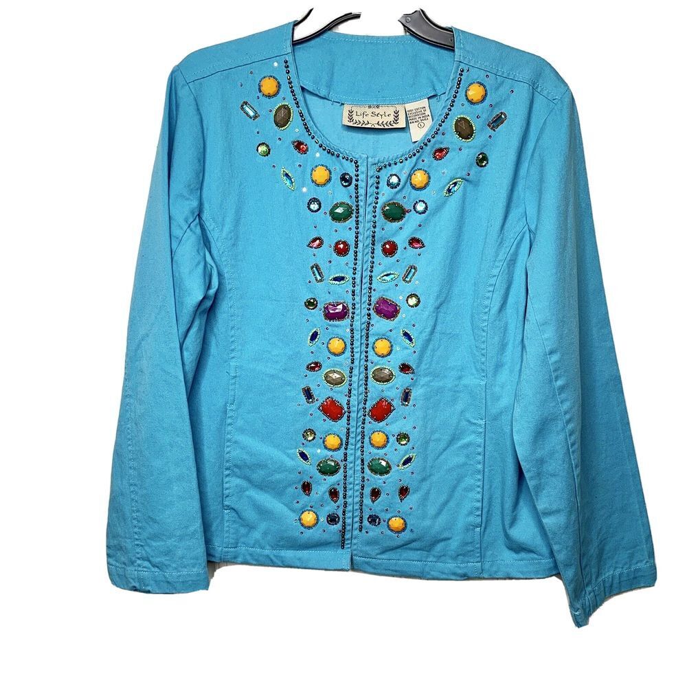 Life‎ Style Jacket Womens Large Blue Stone Embellished Coat Sequin Hook Eye